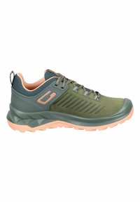 Green hiking shoe with a padded tan interior, rugged outsole, textured upper, and decorative lateral grooves; features gold-accented laces.