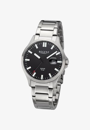 Edelstahluhr mit schwarzem Zifferblatt, weißen Stundenmarkierungen, Datumsanzeige bei 3 Uhr und rotspitziger Sekundenzeiger, mit der Aufschrift "REGENT Saphir."