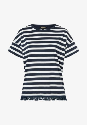 Gestreepte t-shirt met korte mouwen in marineblauw en wit, met een ronde halslijn en een franjesrand. Gemaakt van zachte, ademende stof.