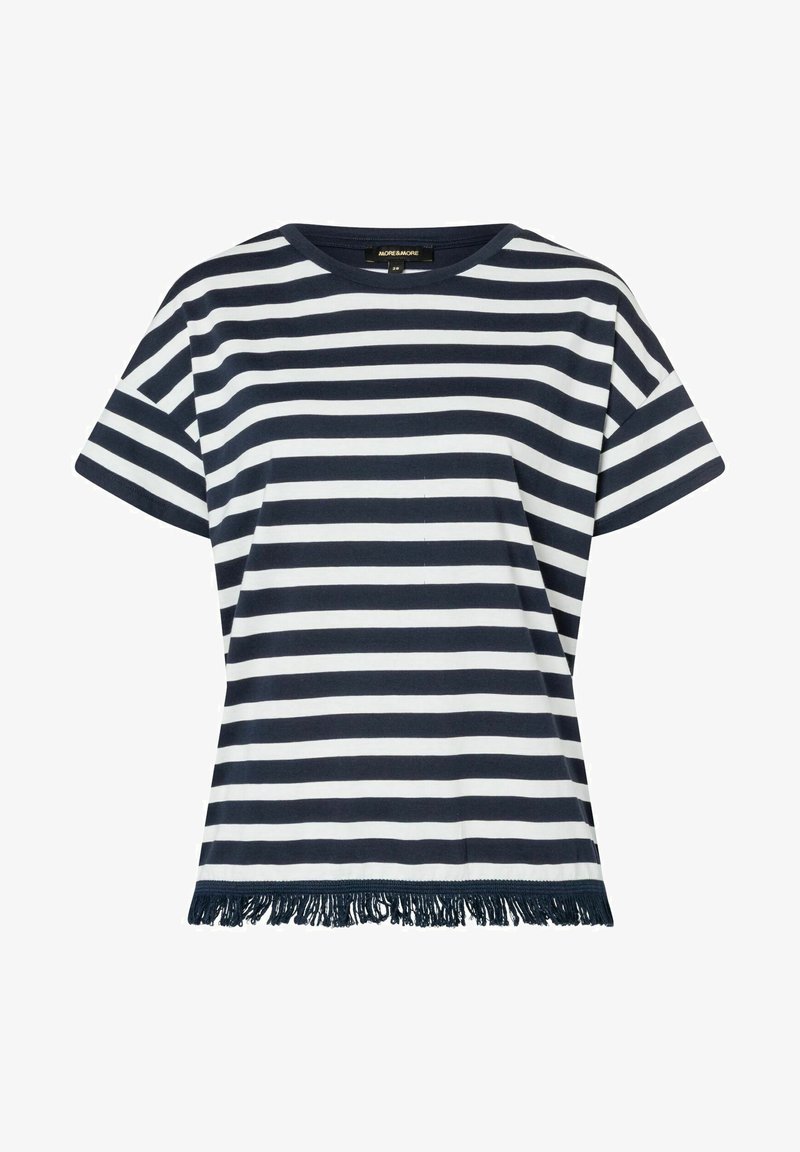 Gestreiftes T-Shirt mit kurzen Ärmeln in Marineblau und Weiß, mit rundem Halsausschnitt und fransigem Saum. Hergestellt aus weichem, atmungsaktivem Stoff.