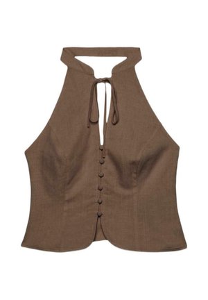 Brun top med halterneck, frontknapper dækket af stof og bindelukning, skræddersyet pasform og let udvidelse ved kanten.