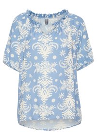 Ljusblå blus med korta ärmar och volangkrage, med ett vitt blommigt och paisleymönster. Lätt lös passform med en något böjd nederkant.