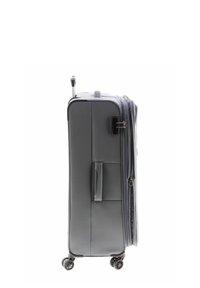 Valigia grigia di forma rettangolare, in tessuto strutturato, con chiusura a cerniera, maniglia laterale, maniglia retrattile e quattro ruote per la mobilità.