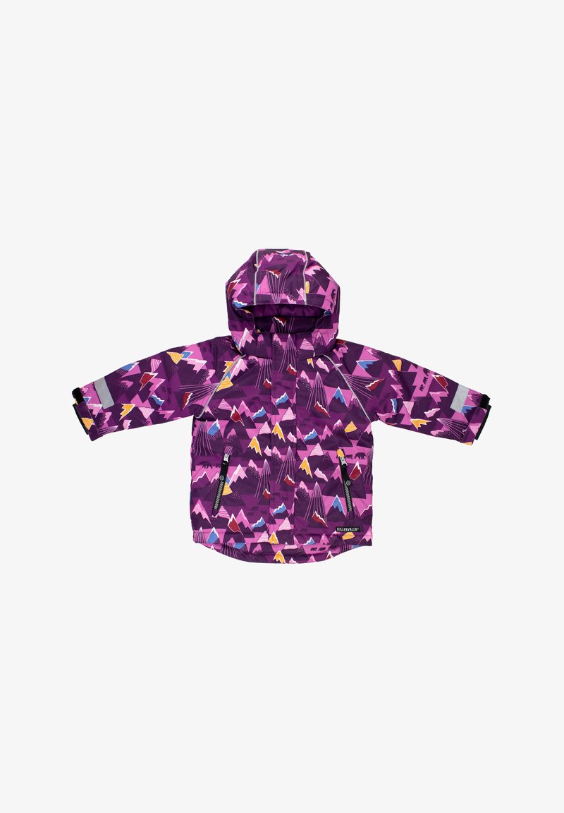 Paarse waterdichte jas met capuchon, voorzien van kleurrijke bergpatronen. Voorzien van ritsen aan de voorkant en elastische manchetten voor een goede pasvorm.
