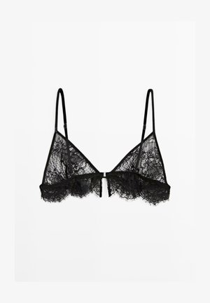 Schwarzer Spitzenschnitt-Bralette mit dünnen, verstellbaren Trägern, dreieckigen Cups und einem durchsichtigen Spitzendesign mit gewelltem Saum und vorderem Häkchenverschluss.