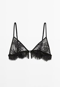 Black lace bralette with thin adjustable straps, triangular cups, and a sheer lace design featuring a scalloped hem and front clasp closure.