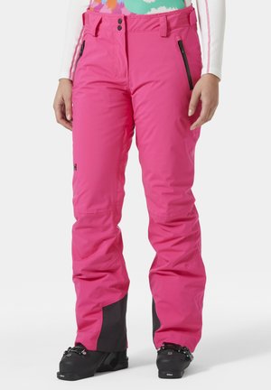 Pink ski pants with black accents, made from water-resistant material. Features a zippered pocket and adjustable waistband for fit.