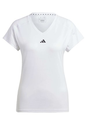 Weißes Sport-T-Shirt mit V-Ausschnitt, kurzen Ärmeln und schwarzem Adidas-Logo auf der Brust. Verfügt über ein dezentes dreieckiges Muster entlang des Ausschnitts.