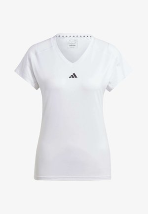 T-shirt atlético branco com decote em V, mangas curtas e logótipo preto da Adidas no peito. Apresenta um padrão triangular subtil ao longo da gola.