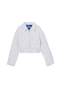 Cropped jack in witte gestructureerde stof met blauwe patronen, met een kraag, lange mouwen en een rits aan de voorkant.