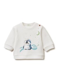 Felpa bianca a maniche lunghe con illustrazione di un pinguino, luna crescente verde e materiale morbido. Dettaglio con bottone sulla spalla.