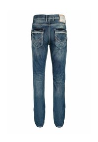 Donkerblauwe denim jeans met een rechte snit. Bevat twee achterzakken met chevronstiksels en een leren patch aan de tailleband.