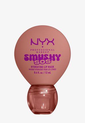 NYX Professional Makeup Smushy SOS feuchtigkeitsspendende Lippenmaske in einem runden, weich rosa Behälter mit lila Schrift, 0,4 fl. oz. / 12 ml.