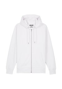 Biela mikina na zips s kapucňou na šnúrku, dvoma prednými vreckami a pruhovanými manžetami. Vyrobená z mäkkej látky s jednofarebným dizajnom.