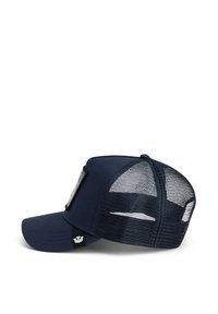 Casquette de baseball bleu marine avec un front solide et un dos en filet, ornée d'une patch à l'avant et d'un visière courbée structurée.