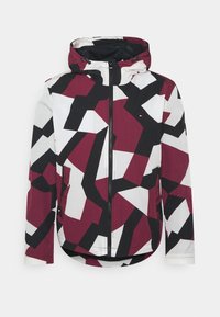 Veste à capuche pour homme avec fermeture éclair complète, présentant un motif géométrique abstrait en bordeaux, noir et blanc.