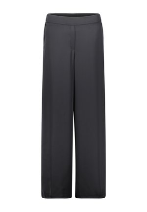 Schwarze weit geschnittene Hose aus glattem Stoff, mit flachem Vorderteil, Taillenbund und ohne sichtbare Taschen für eine klare Silhouette.