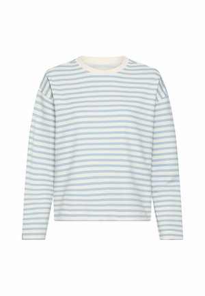 Langärmliges Rundhalsshirt mit horizontalen hellblauen und weißen Streifen, legerer Passform und eingesetzten Schulternähten.