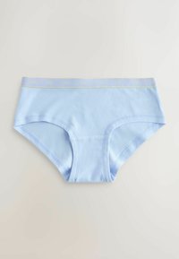 Svetlo modre bombažne hipsterske spodnjice z mehkim pasom, ki ima nežne rumene šive in majhen logotip enakomerno razporejen.