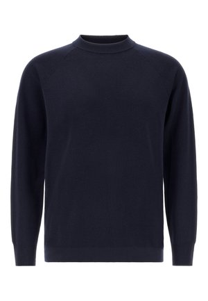 Suéter de punto azul marino con mangas raglán largas, cuello redondo acanalado y una silueta estilizada. Textura suave y color sólido sin patrones.