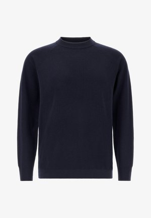 Navy blue knit sweater with long raglan sleeves, ribbed crew neck, and a streamlined silhouette. Soft texture and solid color with no patterns.