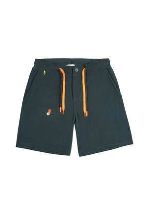 Shorts décontractés noirs avec ceinture élastique, deux poches avant, cordons orange et petite poche plaquée avec bouton sur la jambe gauche.