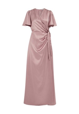 Obleka brez rokavov iz pražno rožnatega satena z zavihkom, V-izrezom, kratkimi valovitimi rokavi in detajlom zavezovanja ob strani, ki sega do gležnjev.