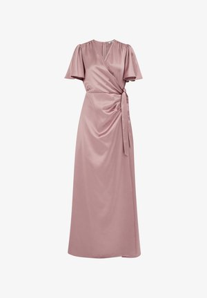 Obleka brez rokavov iz pražno rožnatega satena z zavihkom, V-izrezom, kratkimi valovitimi rokavi in detajlom zavezovanja ob strani, ki sega do gležnjev.