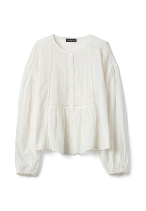 Witte blouse met lange mouwen, ronde hals, knoopsluiting aan de voorkant, plissee-details en geplooide stof bij taille en manchetten.