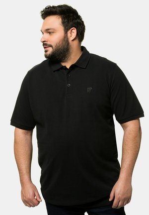 Schwarzes Polohemd aus einem Baumwollmix, mit klassischem Kragen, dreiknöpfiger Knopfleiste und dezentem Logo auf der Brust. Kurze Ärmel.
