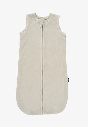 Helles grauer, ärmelloser Babyschlafsack aus weichem, strukturiertem Stoff mit einem Reißverschluss vorne und einem abgerundeten Boden für Komfort und Sicherheit.
