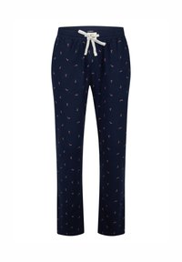 Marineblauwe loungebroek met een trekkoord in de taille, voorzien van een klein, herhalend roze patroon en zachte, rekbare stof voor comfort.