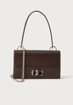 Dark brown rectangular handbag with top handle, gold chain strap, and tortoiseshell clasp on a plain light background.