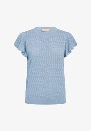 Helehall sinine kootud kampsun, millel on lühikesed lehvivad varrukad ja tekstuuriga siksakmuster, ümar kaelus ning soonikkoes ääris.