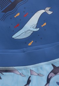 Badkläder med en blå överdel med en valgrafik omgiven av röda och gula fiskar, i kombination med ljusblå underdelar prydda med delfiner.