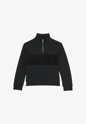 Schwarzer Pullover mit hohem Kragen und Viertel-Reißverschluss, der ein weiches Samtpanels über der Brust und gerippte Bündchen aufweist.