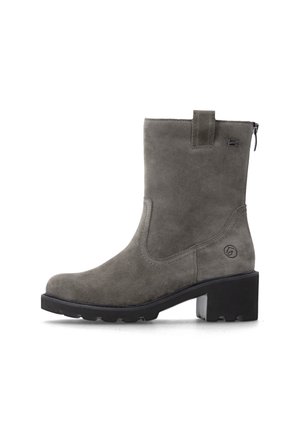 Grauer Wildleder-Stiefelette mit Blockabsatz, Zuglasche, seitlichem Reißverschluss und robustem Profil für besseren Halt.
