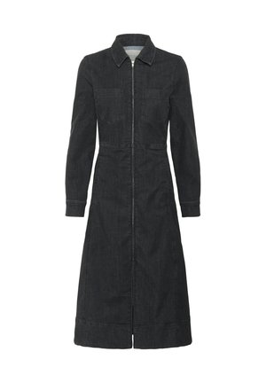 Dunkelblaues Denim-Kleid mit Button-Down-Kragen, langen Ärmeln, durchgehendem Reißverschluss, zwei Brusttaschen und einem schwingenden Rock.