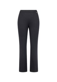 Pantalons noirs ajustés à jambe droite, en tissu lisse, avec une taille et un petit détail en or.