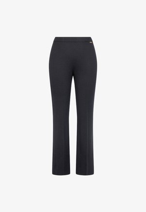 Sorte, tætsiddende bukser med lige ben, lavet af glat stof, med en talje og en lille detalje i guld.