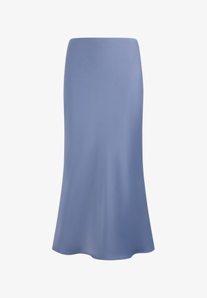 Lichtblauwe, gladde, knielange rok met een lichte uitloop bij de zoom, ontworpen zonder zichtbare patronen of versieringen.