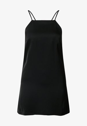 Robe nuisette en satin noir avec fines bretelles et coupe droite. Présente une texture lisse et brillante ainsi qu'un design simple et minimaliste.