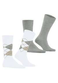 Vier Paare Baumwollsocken: zwei graue einfarbige Socken und zwei weiße Socken mit einem beige-grauen Argyle-Muster und braunen Akzenten.