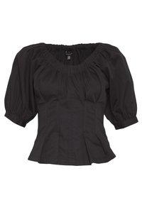 Schwarze Bluse mit Puffärmeln, rundem Ausschnitt, gerafftem Stoff und gefälteltem Design an der Taille. Hergestellt aus leichtem Material.
