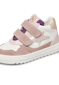 Rosa und weiße Sneakers aus Wildleder und Leder, mit Klettverschlüssen, Sternakzent und einer strukturierten Gummisohle.