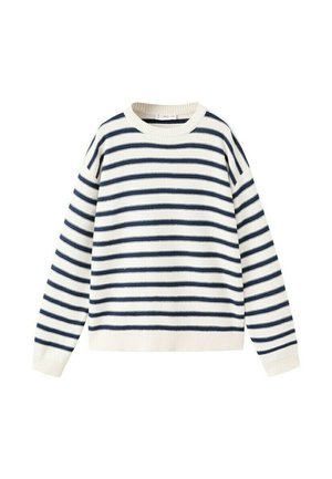 Pull en maille crème avec des rayures horizontales bleu marine, manches longues et encolure ronde.