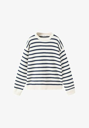 Pull en maille crème avec des rayures horizontales bleu marine, manches longues et encolure ronde.