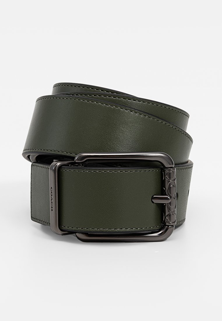 Green leather belt featuring a black metal buckle, smooth texture, and double-layered design with visible stitching.