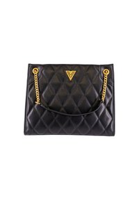 Borsa a tracolla nera trapuntata con motivo a diamante, catena dorata, accento con logo dorato e texture in pelle liscia. Presenta una forma rettangolare elegante.
