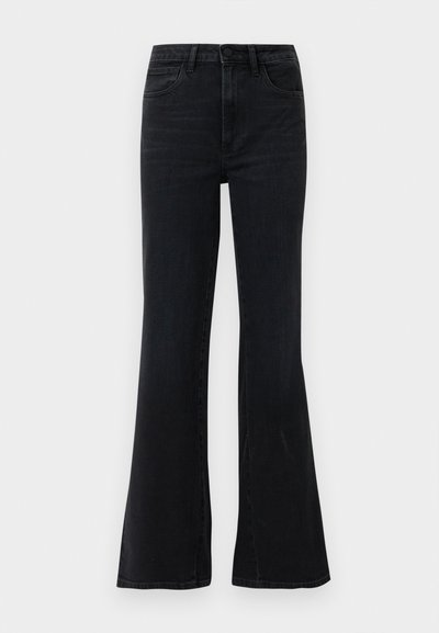 Black high-waist flare jeans with front pockets, belt loops, and button closure on a white background.